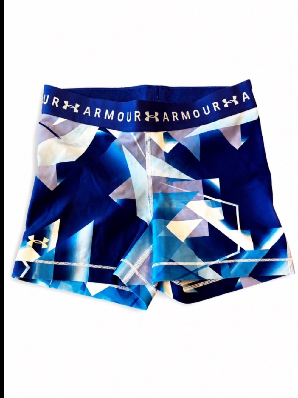 Under Armour HeatGear Compression Shorts – Blue Geometric Print – Women’s Small